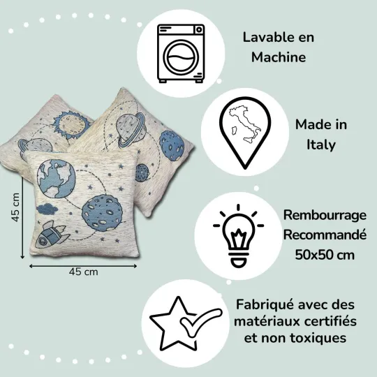 Trio de Housses de Coussins pour enfants - espace et planètes