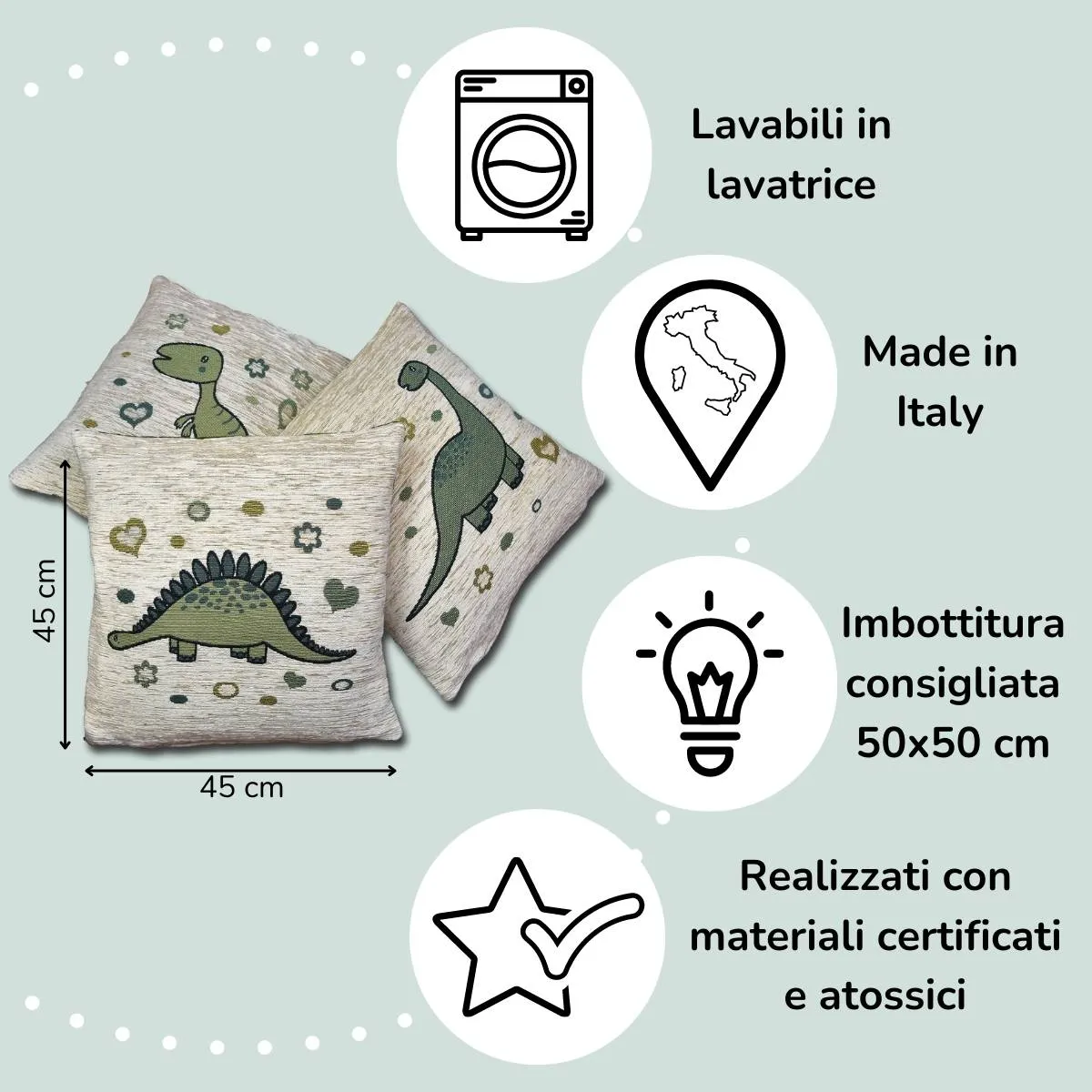 Tris di Copri Cuscini per cameretta bambino - Dinosauri