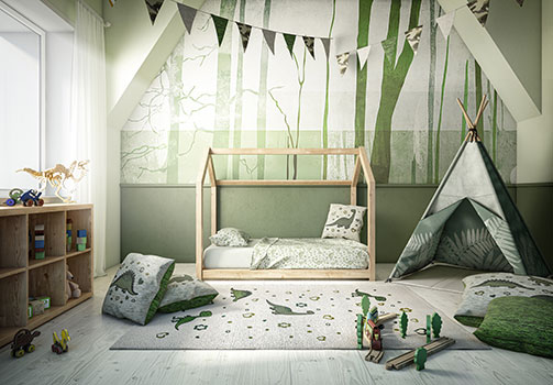 Textiles pour décorer la chambre des enfants dinos