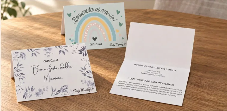 BabyMonkey gift cards printed and folded in different designs