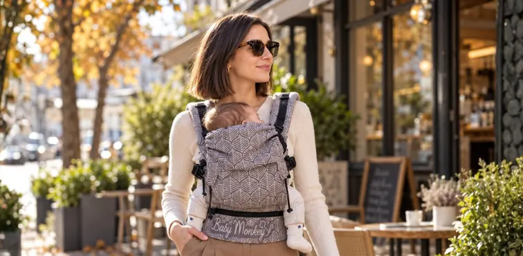 Marsupio ergonomico Regolo BabyMonkey in misto lino indossato con un bambino