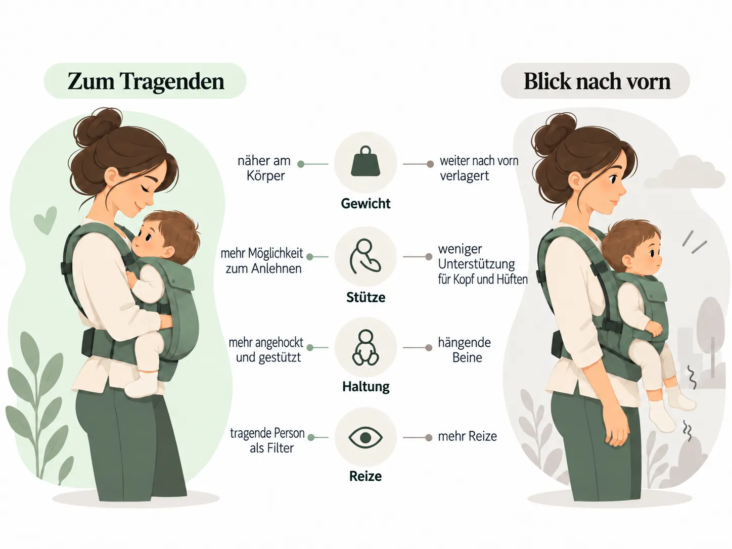 Vergleich zwischen Tragen mit Blick zur tragenden Person und nach vorne gerichteter Position
