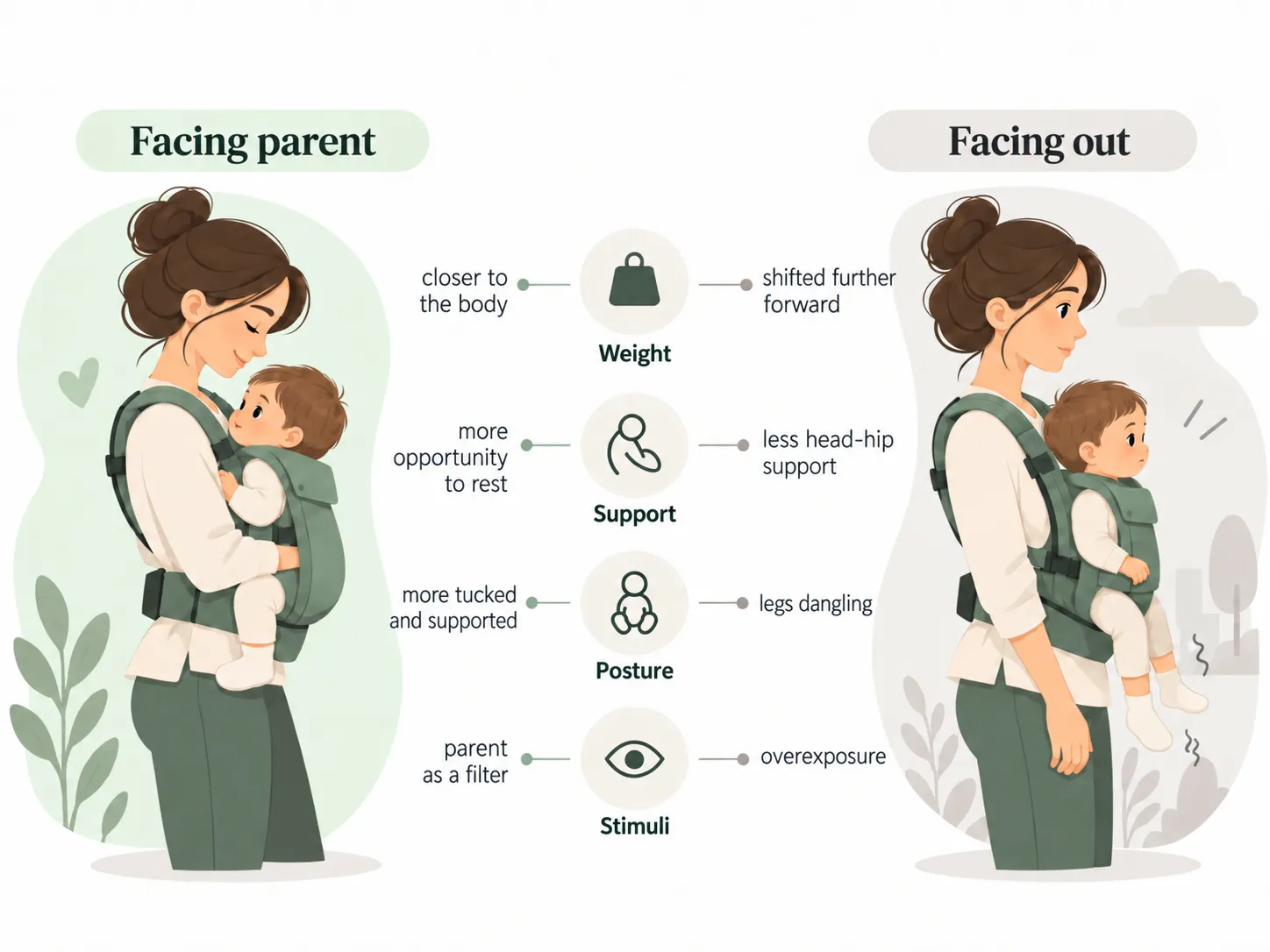 Comparison between facing-the-wearer and outward-facing babywearing positions