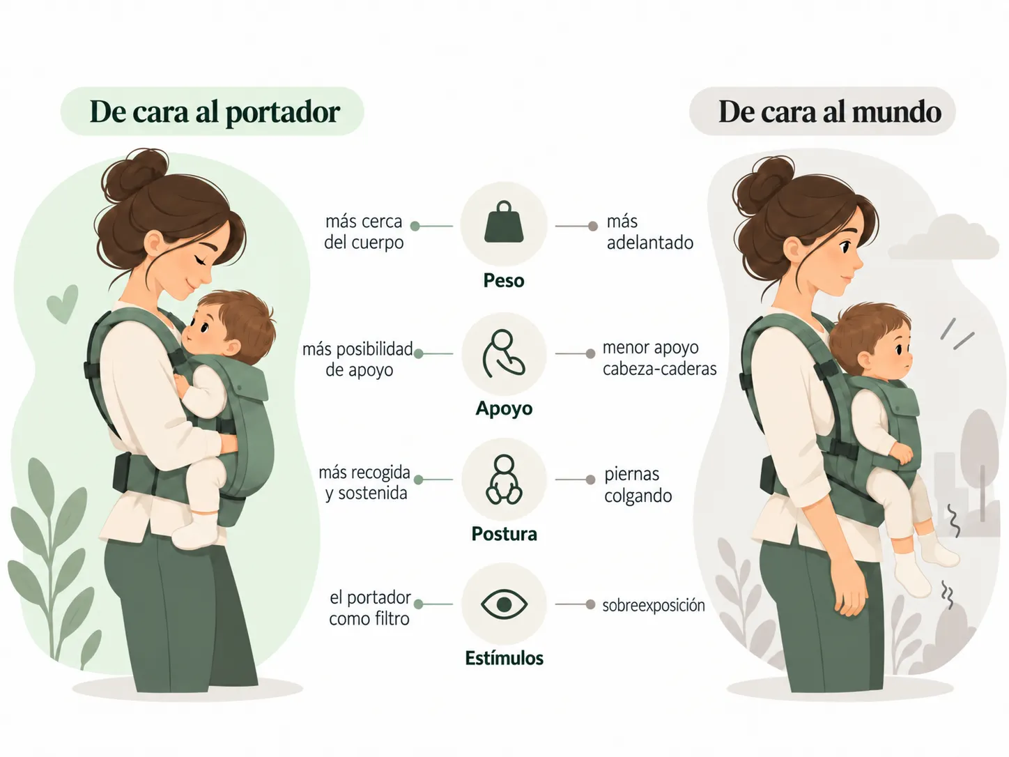 Comparación entre el porteo mirando hacia quien lo lleva y mirando hacia fuera