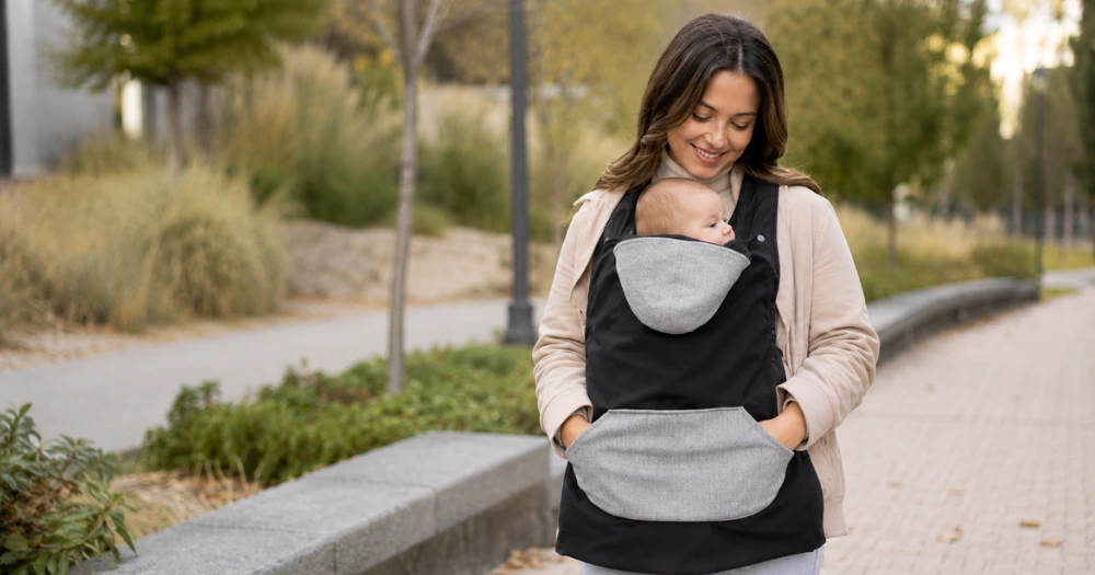 Genitore con bambino in marsupio ergonomico durante una passeggiata in inverno